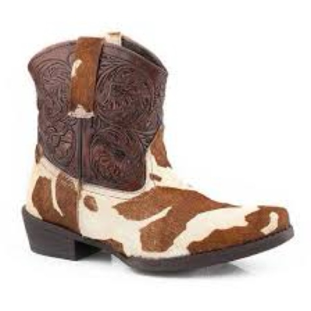 Roper cow print hair on hide tooled leather ankle Western Boots